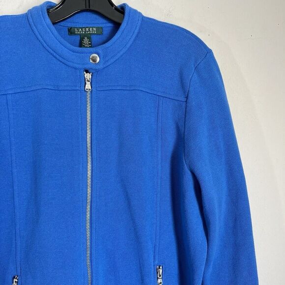 Lauren Ralph Lauren Blue Stretch Knit Jacket Full Zip Pockets Equestrian XL - Picture 2 of 5